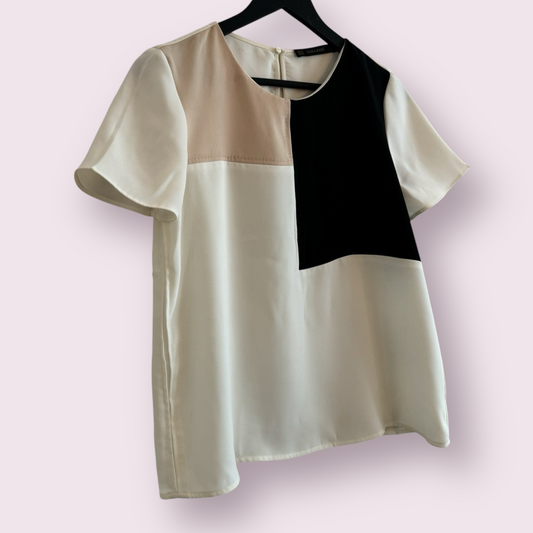 Zara Size 12 UK Cream Block Short Sleeve Round Neck Formal Top