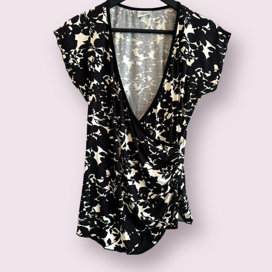 Next Petite Size 10 UK Black Floral Short Sleeved Wrap Ruched V Neck Top