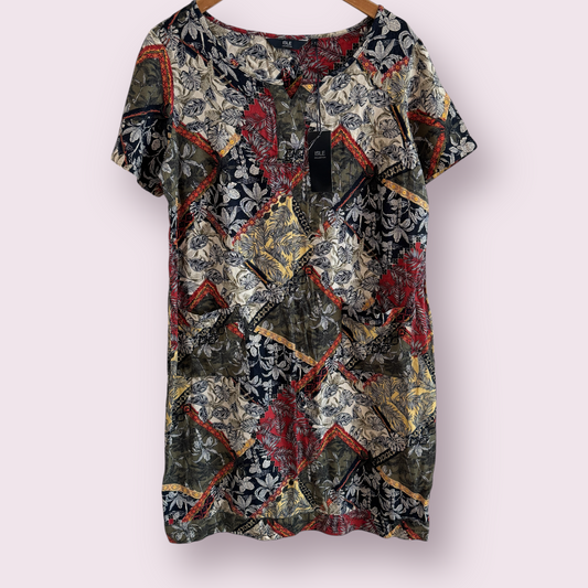 NEW Isle Multi Leaves Size 16 UK Short Sleeve Linen Blend Dress RRP £30