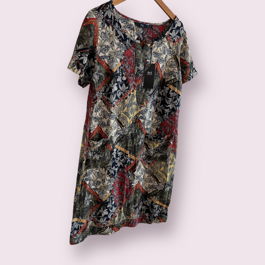 NEW Isle Multi Leaves Size 16 UK Short Sleeve Linen Blend Dress RRP £30
