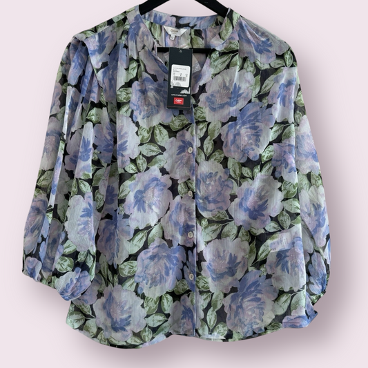 New Cotton Traders Size 12 UK Black Lilac Floral Chiffon 3/4 Sleeve Blouse