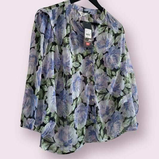 New Cotton Traders Size 12 UK Black Lilac Floral Chiffon 3/4 Sleeve Blouse
