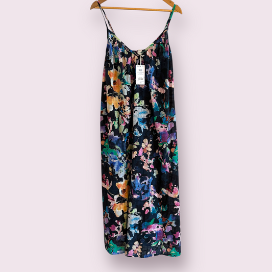 New Next Multi Abstract Floral Size 14 UK Sleeveless Cotton Slits Summer Dress