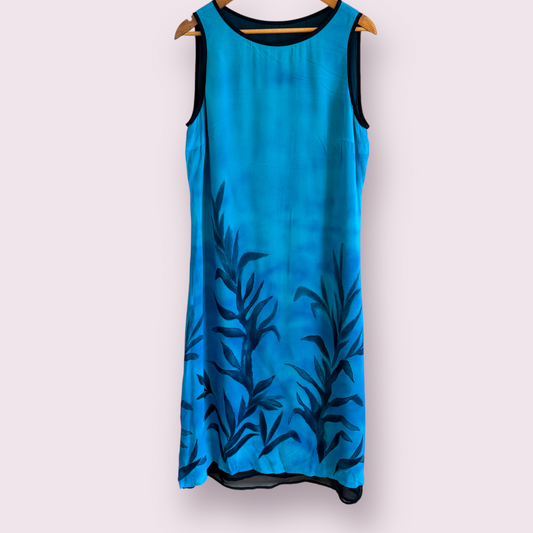 Ladies Blue Tropical Leaves Size 14 UK Sleeveless Lined Midi Long Dress Summer
