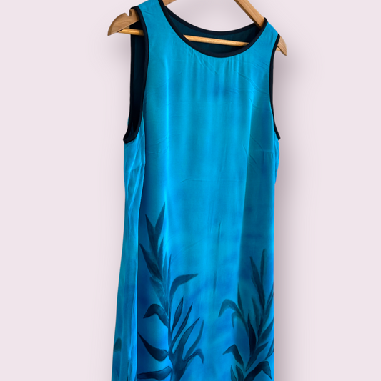Ladies Blue Tropical Leaves Size 14 UK Sleeveless Lined Midi Long Dress Summer