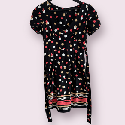 Dorothy Perkins Black Multi Polka Size 8 UK Short Sleeve Belted Knee Dress