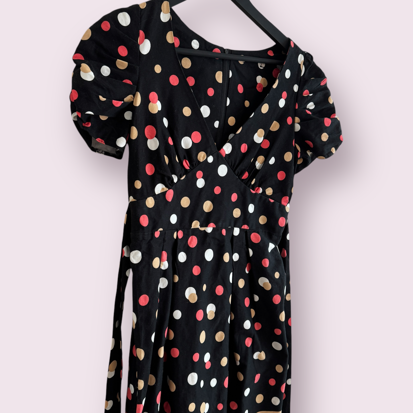 Dorothy Perkins Black Multi Polka Size 8 UK Short Sleeve Belted Knee Dress