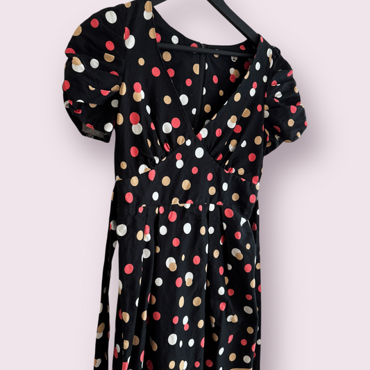 Dorothy Perkins Black Multi Polka Size 8 UK Short Sleeve Belted Knee Dress