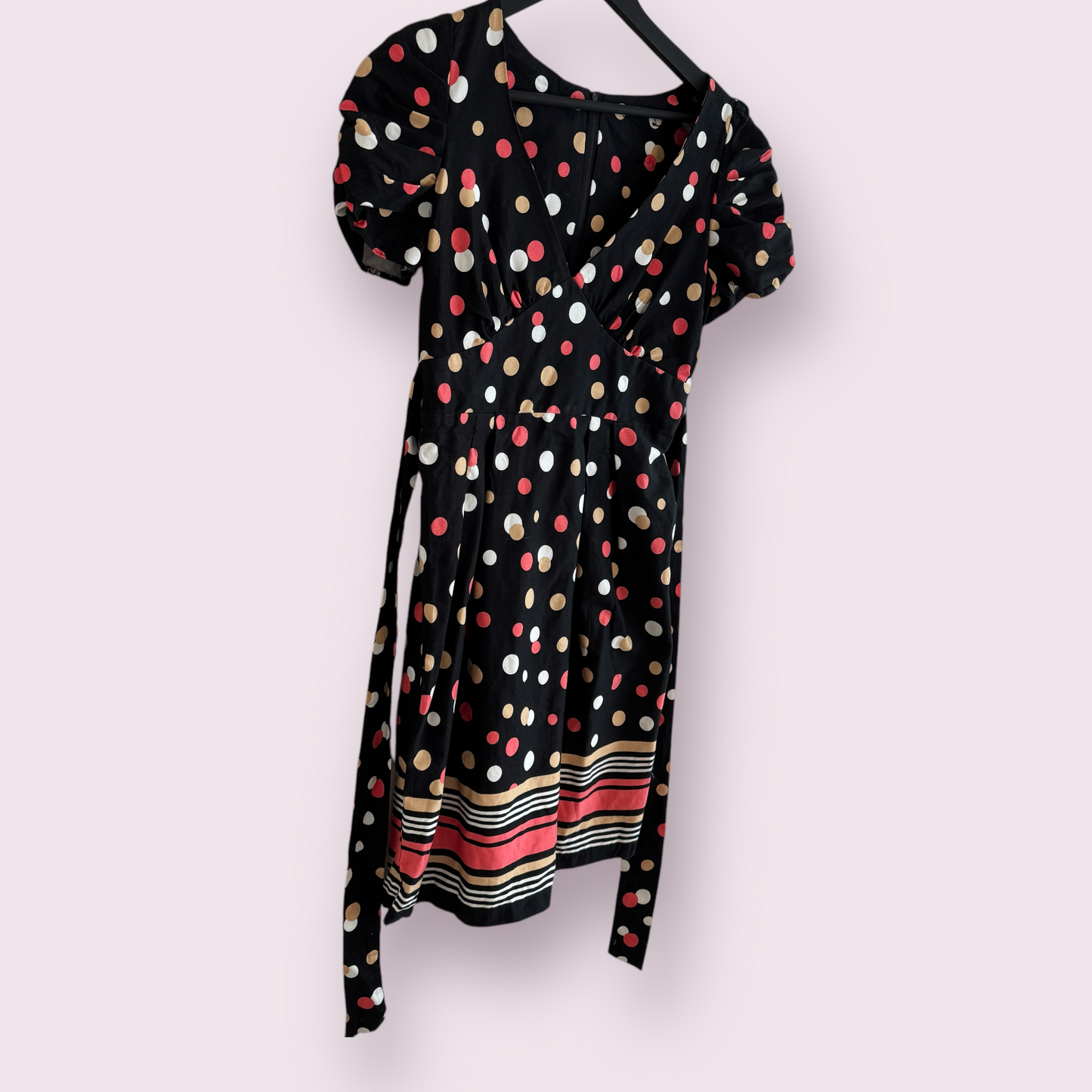 Dorothy Perkins Black Multi Polka Size 8 UK Short Sleeve Belted Knee Dress