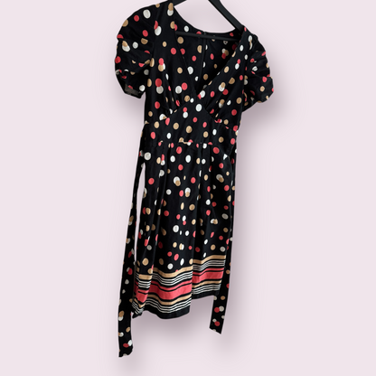 Dorothy Perkins Black Multi Polka Size 8 UK Short Sleeve Belted Knee Dress