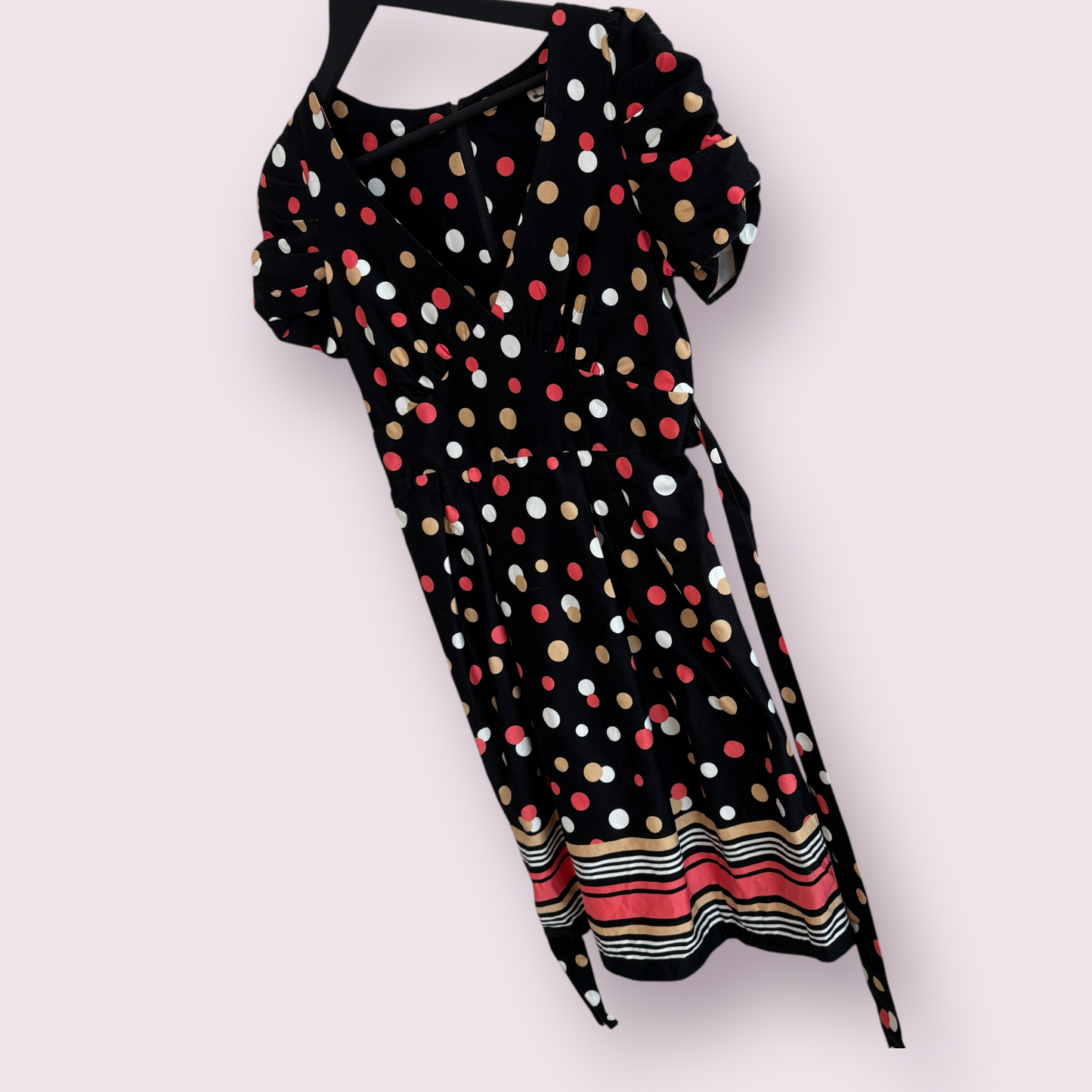 Dorothy Perkins Black Multi Polka Size 8 UK Short Sleeve Belted Knee Dress