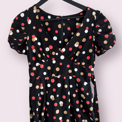 Dorothy Perkins Black Multi Polka Size 8 UK Short Sleeve Belted Knee Dress