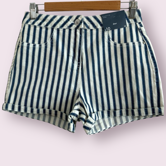 NEW Papaya Size 10 UK Short Blue Striped Turn Up Denim Shorts