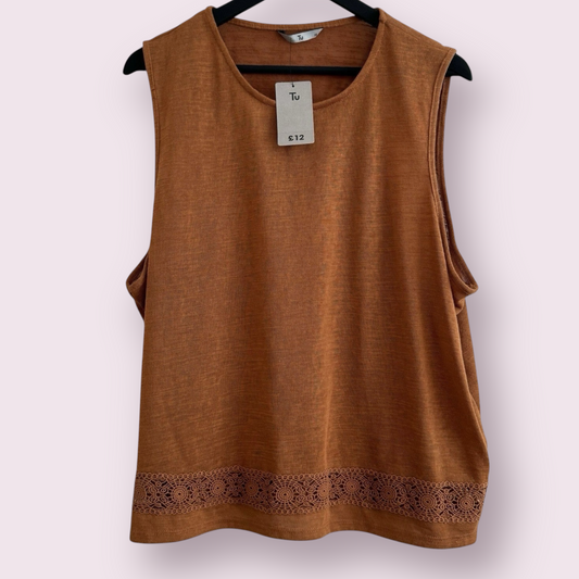 NEW TU Size 22 UK Terracotta Sleeveless Lace Hem Lightweight Round Neck Top