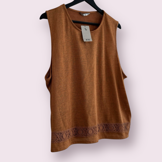 NEW TU Size 22 UK Terracotta Sleeveless Lace Hem Lightweight Round Neck Top