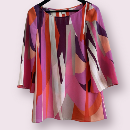 Monsoon Size 10 UK Multicoloured Sheer 3/4 Sleeve Round Neck Floaty Top