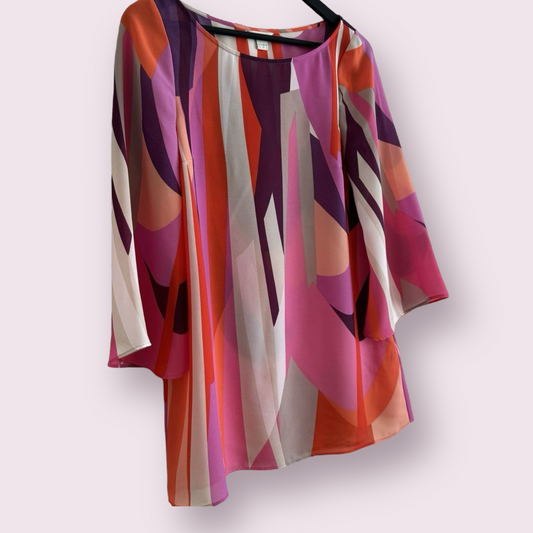 Monsoon Size 10 UK Multicoloured Sheer 3/4 Sleeve Round Neck Floaty Top
